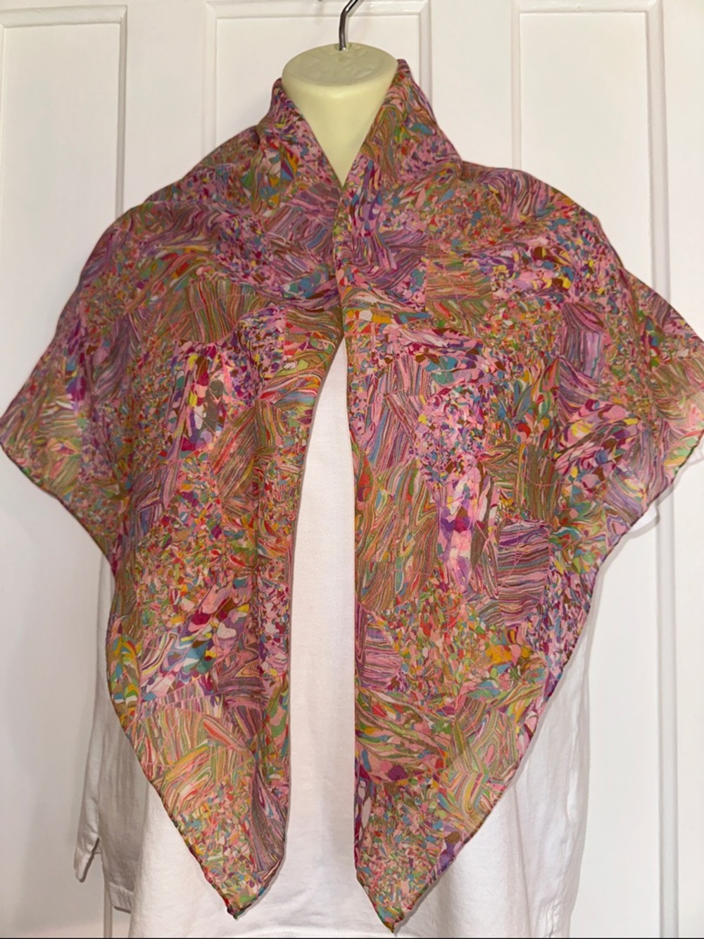 Vtg  Very Large Pastel Abstract Print Square Scarf or Wrap- Pink, Green & Purple